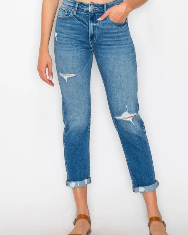 High Waist Slim Destroyed Cuffed Jeans