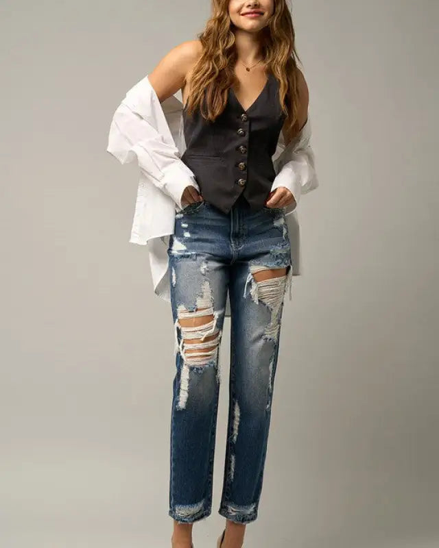 HIGH WAIST STRAIGHT HAVEY DESTROYED JEANS - MEDIUM / 1