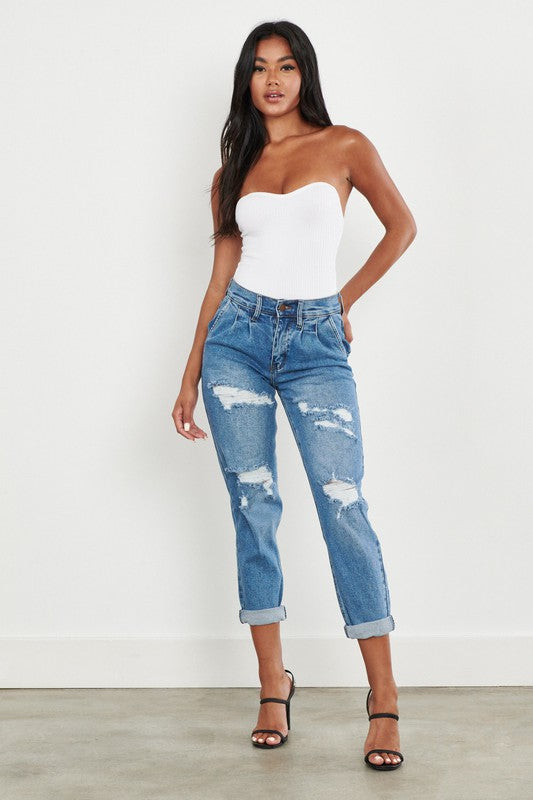 High Waisted Boyfriend Jeans - Medium Stone / 3