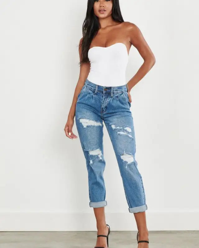 High Waisted Boyfriend Jeans - Medium Stone / 3