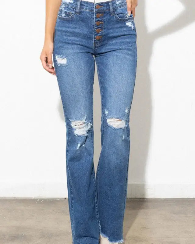 High Waisted Distressed Bootcut