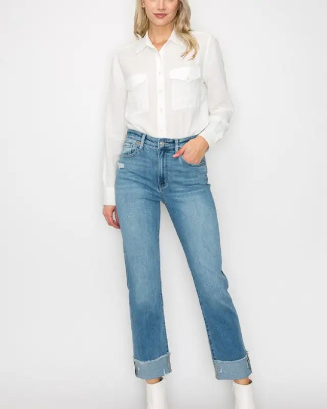 High Waisted Two-Tone Cuffed Jeans