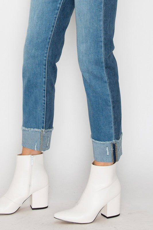 High Waisted Two-Tone Cuffed Jeans