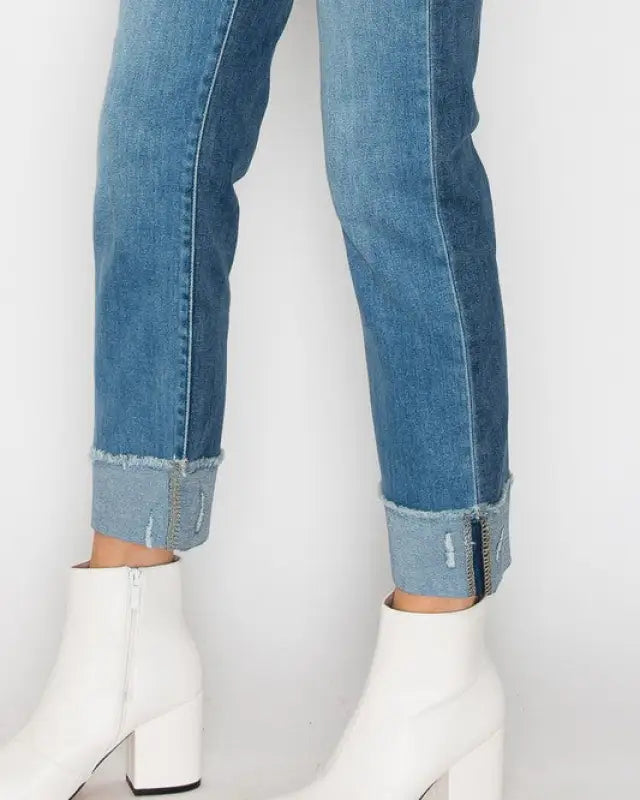 High Waisted Two-Tone Cuffed Jeans