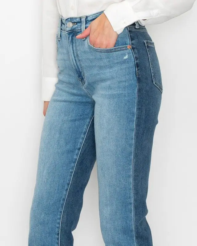 High Waisted Two-Tone Cuffed Jeans