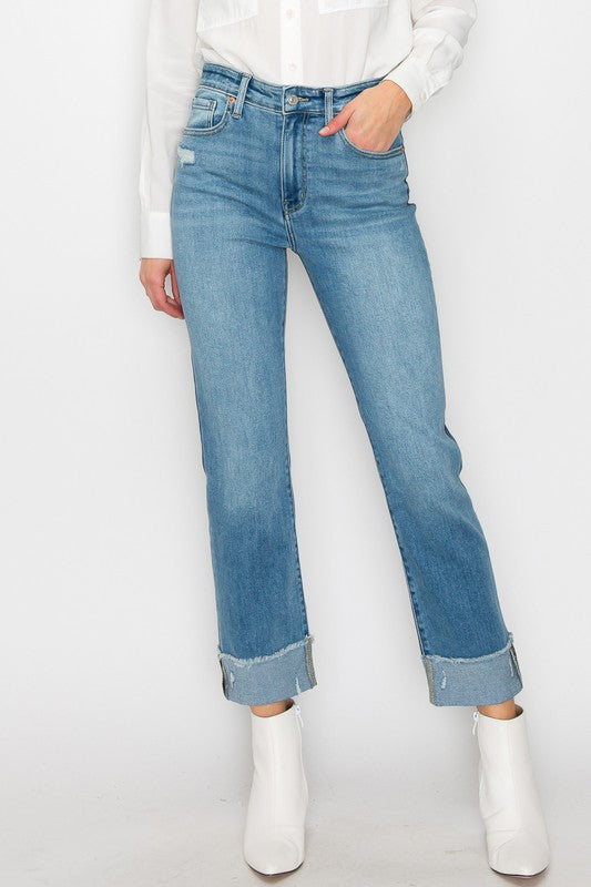 High Waisted Two-Tone Cuffed Jeans