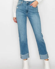 High Waisted Two-Tone Cuffed Jeans