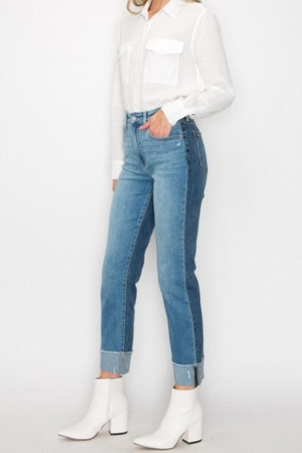 High Waisted Two-Tone Cuffed Jeans
