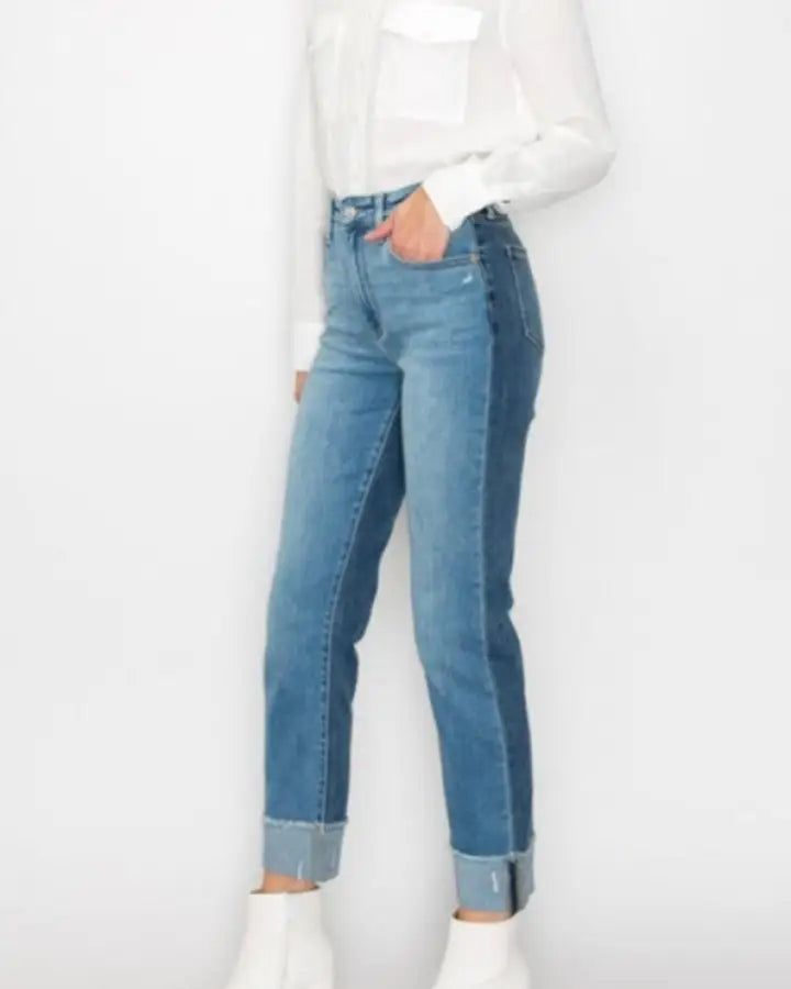 High Waisted Two-Tone Cuffed Jeans