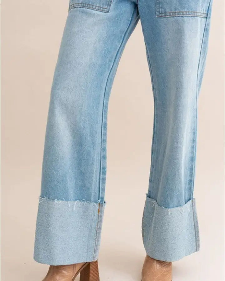 High-Waisted Wide Leg Cuffed Jeans