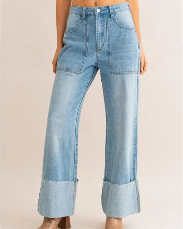 High-Waisted Wide Leg Cuffed Jeans