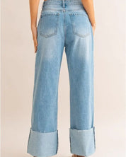 High-Waisted Wide Leg Cuffed Jeans