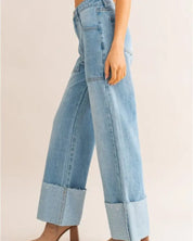 High-Waisted Wide Leg Cuffed Jeans