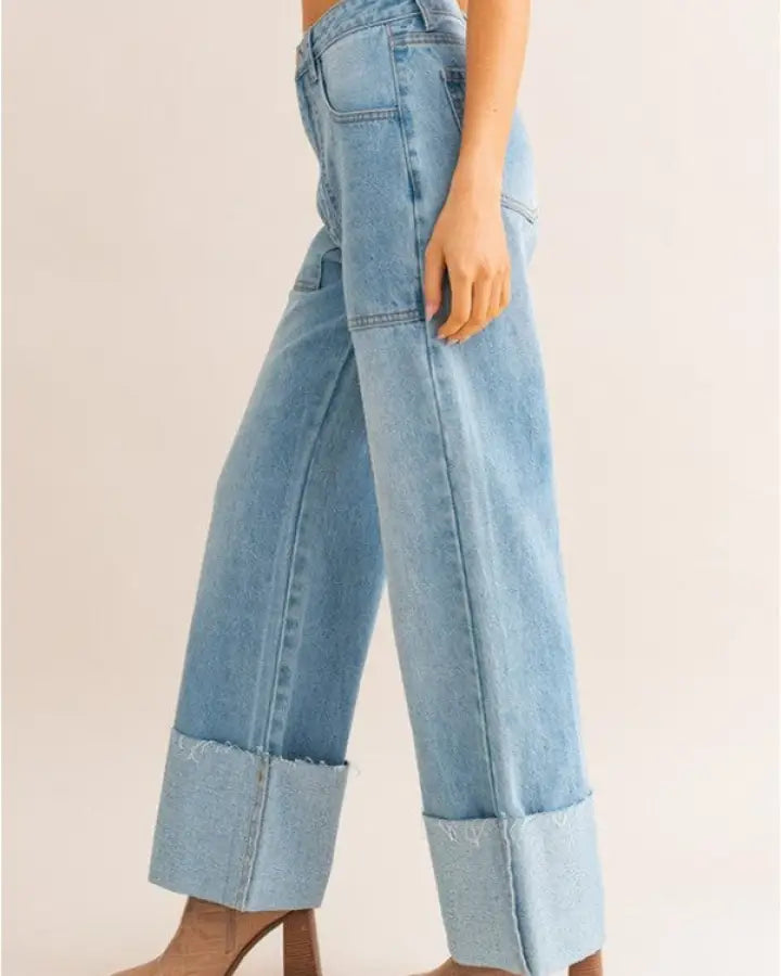 High-Waisted Wide Leg Cuffed Jeans