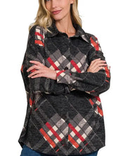 Jacquard Plaid Shacket With Pockets