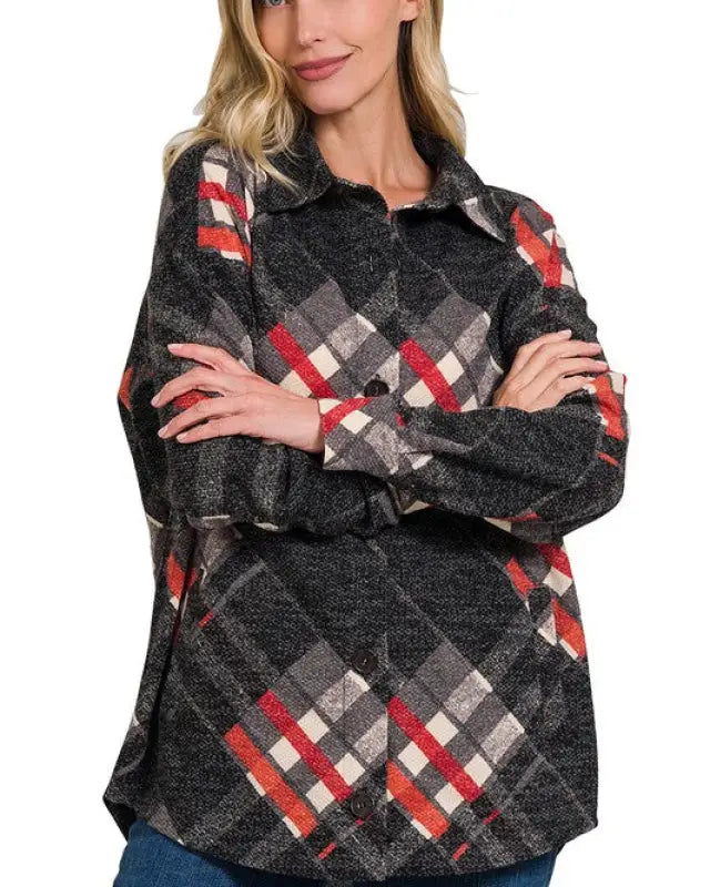 Jacquard Plaid Shacket With Pockets