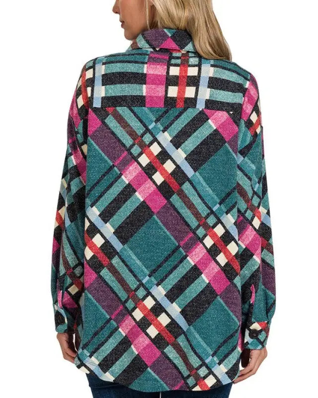 Jacquard Plaid Shacket With Pockets