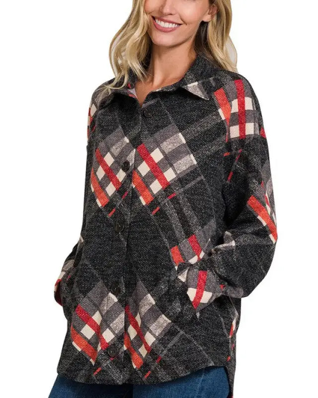 Jacquard Plaid Shacket With Pockets