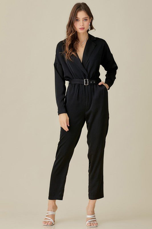 Jeanette Belted Waist Collared Satin Jumpsuit