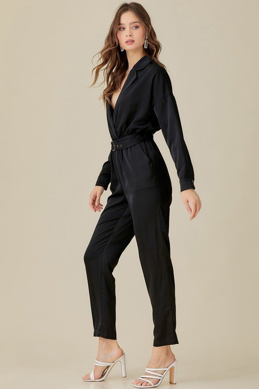 Jeanette Belted Waist Collared Satin Jumpsuit