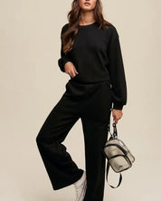 Knit Sweat Top and Pants Athleisure Lounge Sets - Black / S