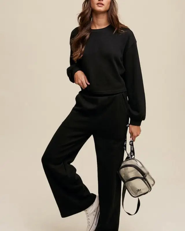 Knit Sweat Top and Pants Athleisure Lounge Sets - Black / S