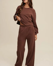 Knit Sweat Top and Pants Athleisure Lounge Sets - Mocha / S