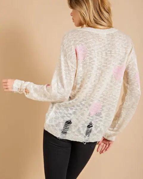 Kori America Heart Pattern Distressed Sweater