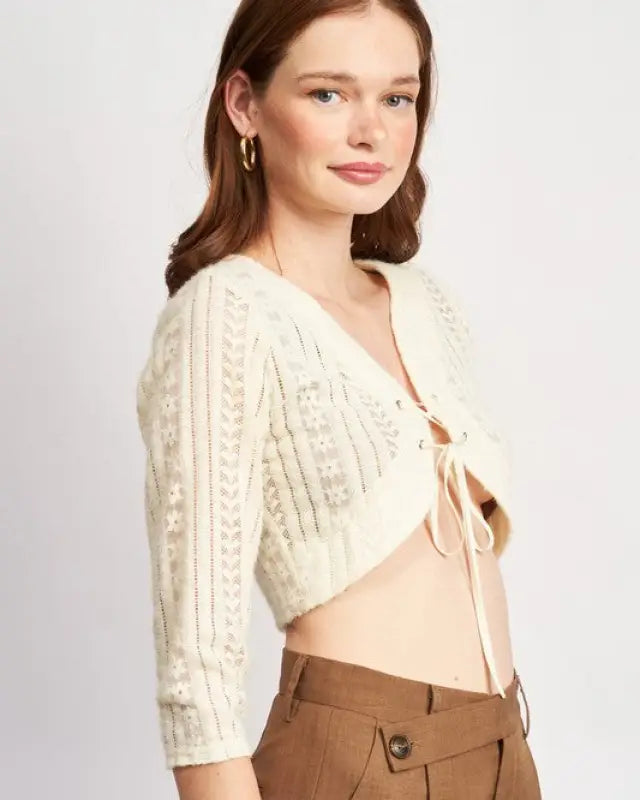 Lace Knit Cropped Top With Eyelet Detail