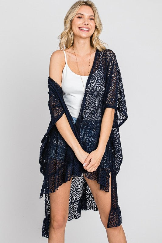 LACE OVER SIZE RUFFLE KIMONO - BLACK / ONESIZE