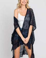 LACE OVER SIZE RUFFLE KIMONO - BLACK / ONESIZE