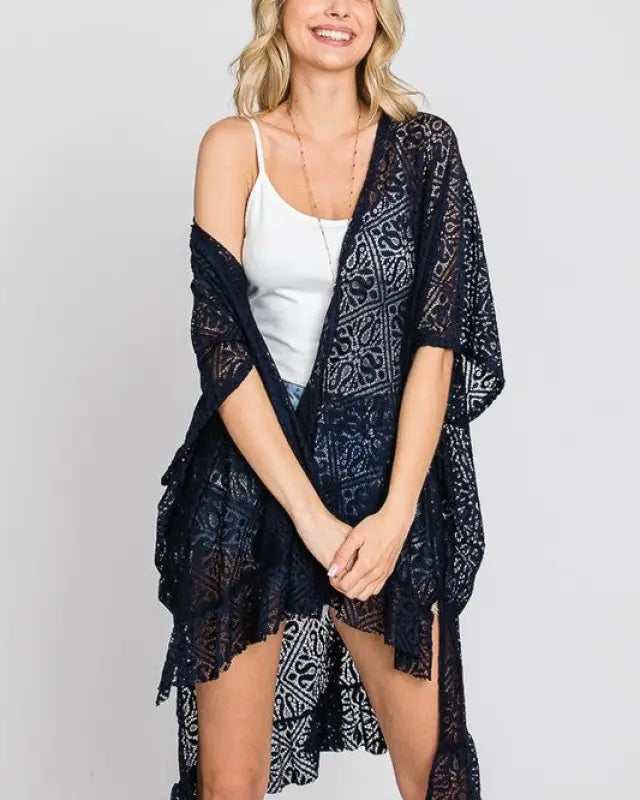 LACE OVER SIZE RUFFLE KIMONO - BLACK / ONESIZE