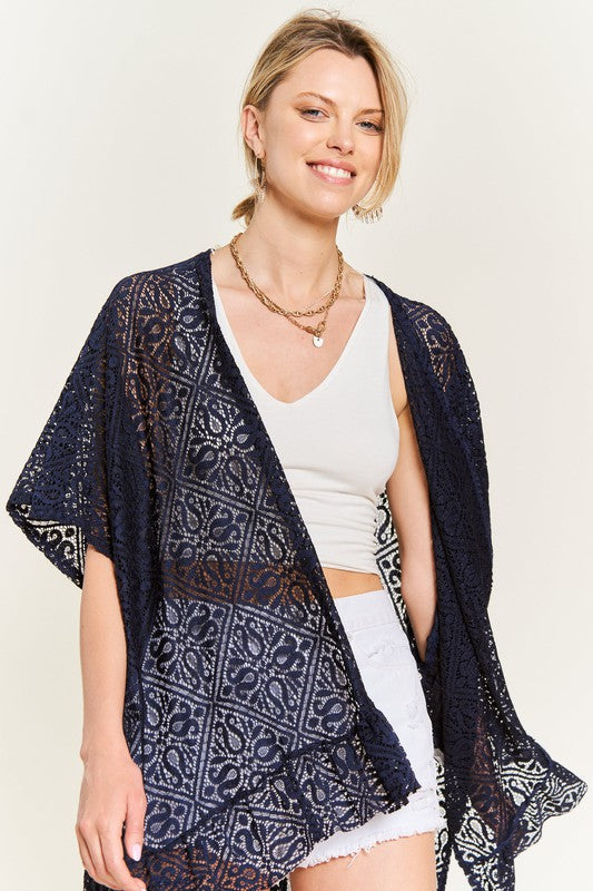 LACE OVER SIZE RUFFLE KIMONO - NAVY / ONESIZE