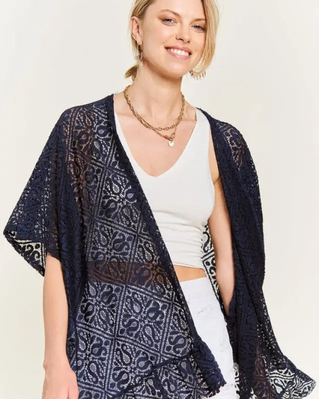 LACE OVER SIZE RUFFLE KIMONO - NAVY / ONESIZE