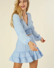 Lace trimmed smocking blouse and skirt set - Light blue / S