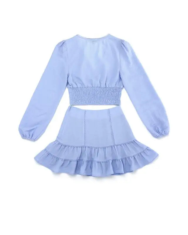 Lace trimmed smocking blouse and skirt set