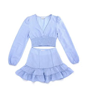 Lace trimmed smocking blouse and skirt set