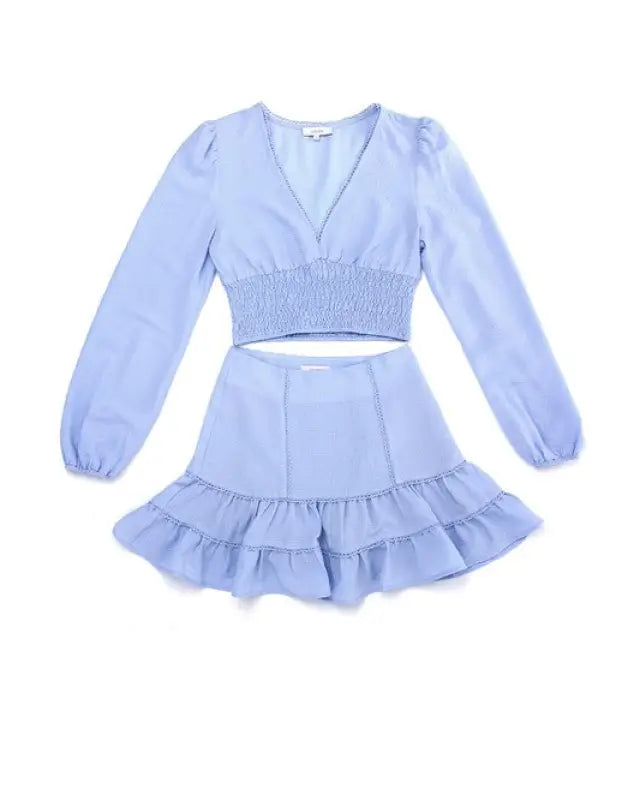 Lace trimmed smocking blouse and skirt set