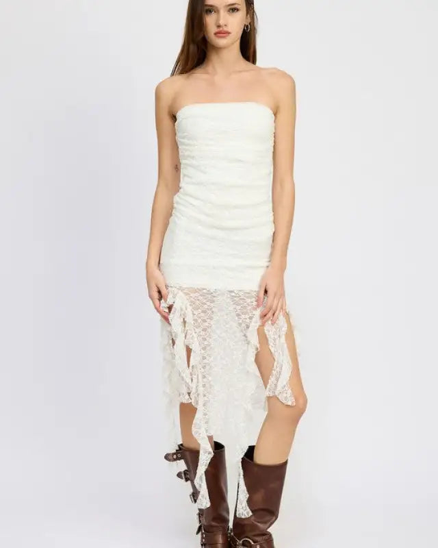 LACE TUBE DRESS WTIH RUFFLE DETAIL