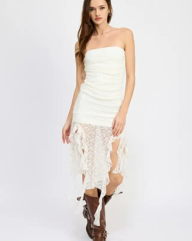 LACE TUBE DRESS WTIH RUFFLE DETAIL