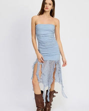 LACE TUBE DRESS WTIH RUFFLE DETAIL - DUSTY BLUE / S