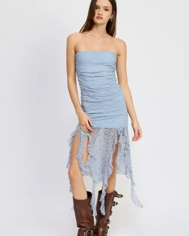 LACE TUBE DRESS WTIH RUFFLE DETAIL - DUSTY BLUE / S