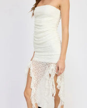 LACE TUBE DRESS WTIH RUFFLE DETAIL - WHITE / S