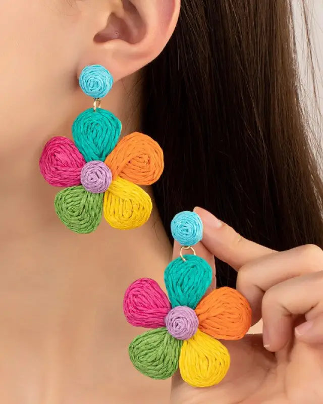 Large Raffia Straw Flower Drop Earrings