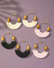 Leather And Metal Arch Earrings With Wood Beads