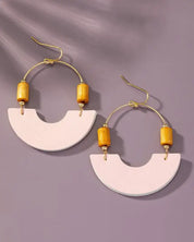 Leather And Metal Arch Earrings With Wood Beads