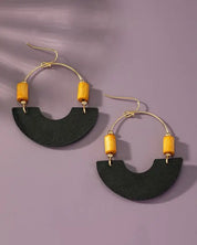 Leather And Metal Arch Earrings With Wood Beads