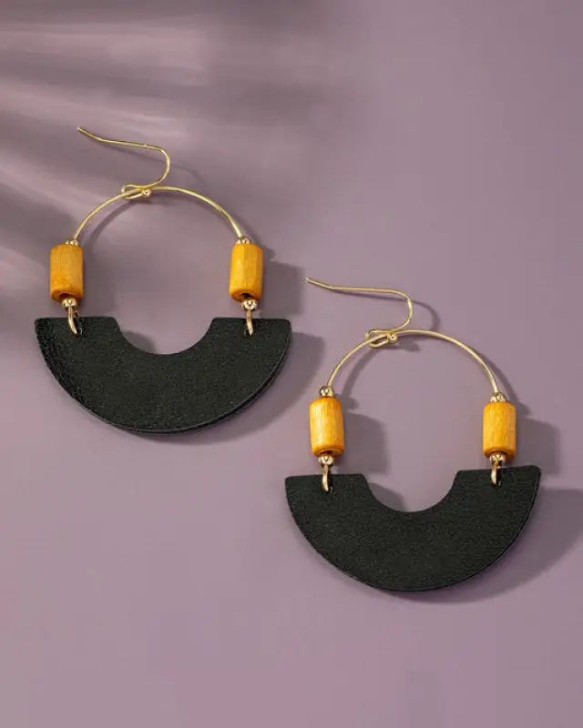 Leather And Metal Arch Earrings With Wood Beads