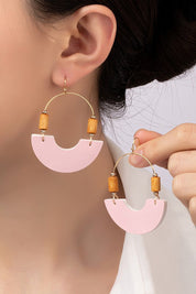 Leather And Metal Arch Earrings With Wood Beads