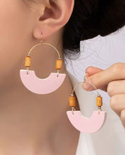 Leather And Metal Arch Earrings With Wood Beads